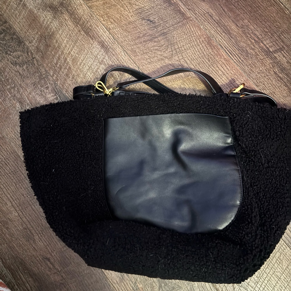 Anthropologie Black Sherpa Shoulder Tote with Leather Pocket and Gold Hardware